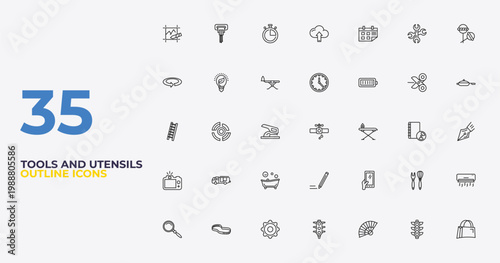 outline tools and utensils icons set - clock and watch, hand phones, bag with big handle. editable vector for web and mobile ui