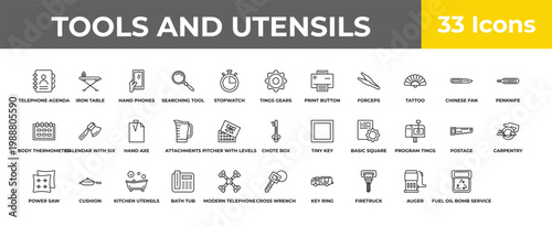 outline tools and utensils icons set - hand axe, cushion, recycling bin. editable vector for web and mobile ui