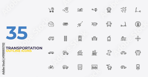 outline transportation icons set - blimp, longboard, monorail. editable vector for web and mobile ui