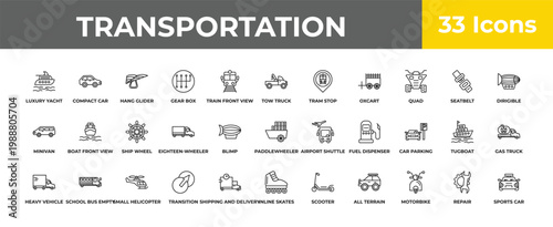 outline transportation icons set - ship wheel, school bus empty, sports car. editable vector for web and mobile ui