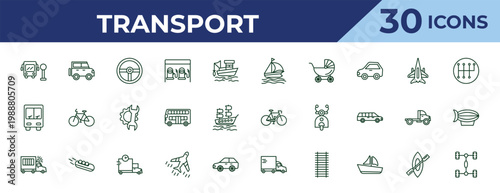 outline transport icons set - sailing boat, public transportation, prison bus. editable vector for web and mobile ui