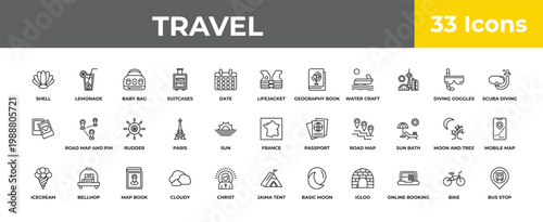 outline travel icons set - rudder, bellhop, bus stop. editable vector for web and mobile ui
