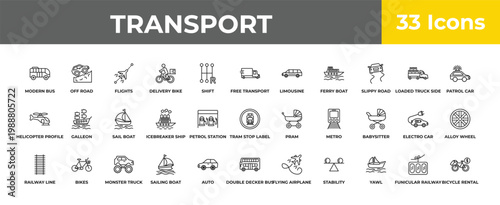 outline transport icons set - sail boat, bikes, bicycle rental. editable vector for web and mobile ui