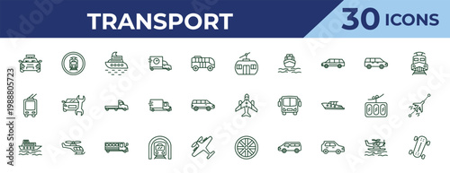 outline transport icons set - chairlift, trolleybus, ferry boat. editable vector for web and mobile ui