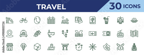 outline travel icons set - , landmark, food stand. editable vector for web and mobile ui