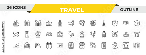 outline travel icons set - parasailing, secure briefcase, waterpark. editable vector for web and mobile ui