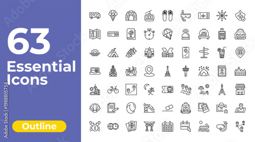 outline travel icons set - cable car, parasailing, unfolded map. editable vector for web and mobile ui
