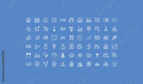 outline travel icons set - baby bag, lemonade, parasailing. editable vector for web and mobile ui