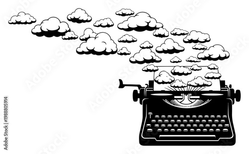 Vintage Typewriter with Flying Clouds Concept, Creative Writing and Storytelling Inspiration Illustration