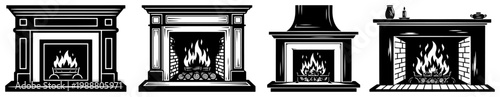 Set of Cozy Fireplaces with Burning Fire, Classic Home Interior Heating Elements Illustration
