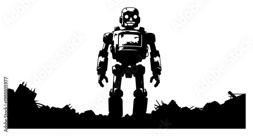Robot Standing in Post-Apocalyptic Ruined Landscape, Science Fiction Concept of Future Artificial Intelligence in Wasteland
