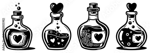 Love Potion Magic Bottle Set with Hearts, Elixir of Romance for Valentine's Day Alchemy and Fantasy Design