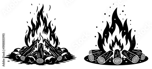 Campfire and Bonfire Set with Burning Logs and Stones, Outdoor Camping Adventure Fire Illustration for Hiking and Survival Concept