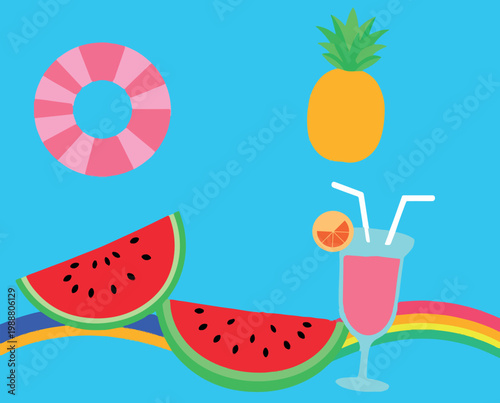 Tropical summer vacation vector elements, watermelon slices and pineapple on blue background, pink cocktail with lifebuoy and rainbow