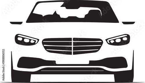 Front view vector silhouette of luxury sedan showing headlights and radiator grille details on transparent background.