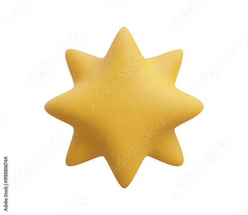 Minimalist yellow 3D eight-point star icon isolated on a white background. Realistic glossy render of a golden starburst