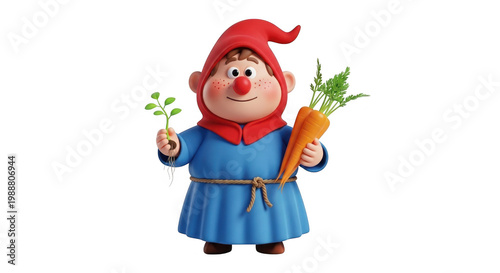 A cheerful gnome holding two ripe bananas in a snowy setting