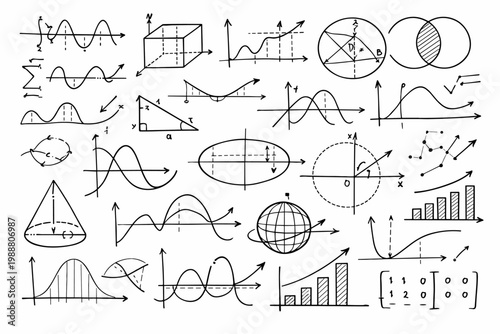 Hand-drawn mathematical formulas and geometric diagrams on white background. Collection of science sketches including calculus graphs, trigonometric triangles, algebraic matrices, and functions.