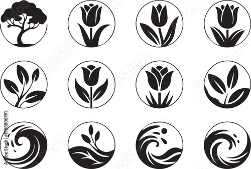 Collection of nature inspired circular icons featuring trees flowers tulips and ocean waves for environmental and wellness branding