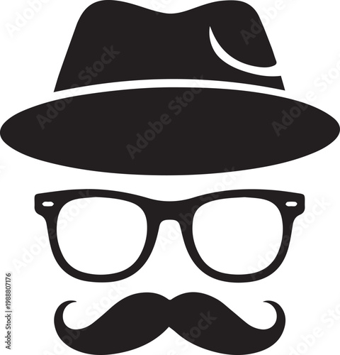 Stylish black fedora hat with a round brim, classic thick-rimmed glasses, and a neatly groomed handlebar mustache