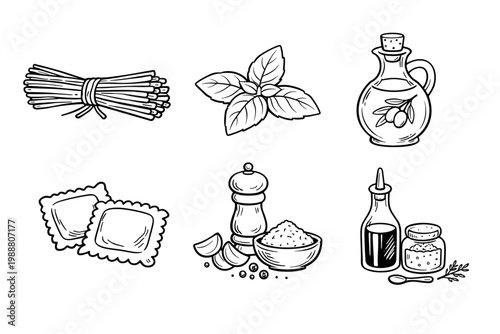 Hand-Drawn Italian Food Sketch Icon Set with Outlines of Spaghetti Pasta, Fresh Basil Leaves, Olive Oil Bottle, Ravioli, Pepper Grinder, Garlic, and Salt for Culinary and Cooking Design Projects.