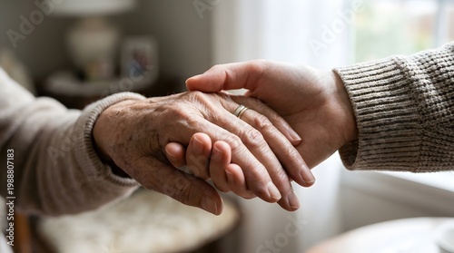 A close-up of two people holding hands in a warm and comforting gesture of support and care.
