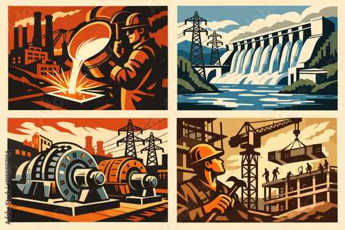 Retro Industrial Propaganda Poster Set Featuring Steel Manufacturing, Hydroelectric Power Dam, Energy Generation Turbines, and Construction Site Workers in Vintage Graphic Illustration Style