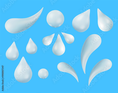 Minimalist 3D white liquid drop icon isolated on a blue background. Realistic glossy droplet render for dairy products, condensed milk, organic cosmetic creams, or moisturizing concepts. High-quality