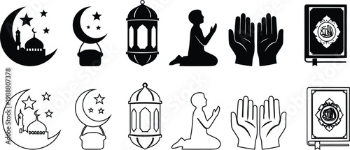 Islamic symbols: mosque, moon, stars, lantern, prayer, hands, quran book black and white crescent moon