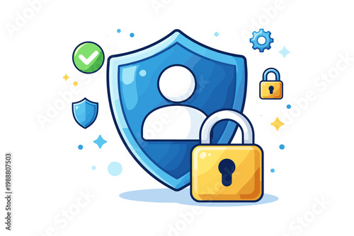 Secure user account protection icon featuring a blue shield, person profile, and yellow padlock, symbolizing cybersecurity, data privacy, controlled access, and defense against unauthorized use.