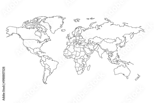 World Map Outline with Country Borders, Simple Flat Vector Illustration Isolated on White Background, Minimalist Global Geography Map for Education, Travel, Business, and Infographic Design
