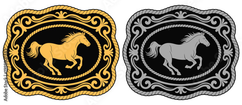 Bild auf Leinwand Western Horse Belt Buckle Label Cowboy Rodeo Ranch Equestrian Silhouette Gold Si