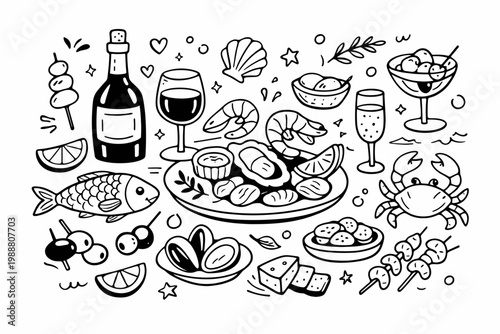 Hand Drawn Seafood and Wine Aperitif Doodle Set. Black and White Line Art Vector Illustration Featuring Wine Bottle, Glasses, Shrimp, Crab, Fish, Oysters, Mussels, Olives, Cheese, and Skewers.