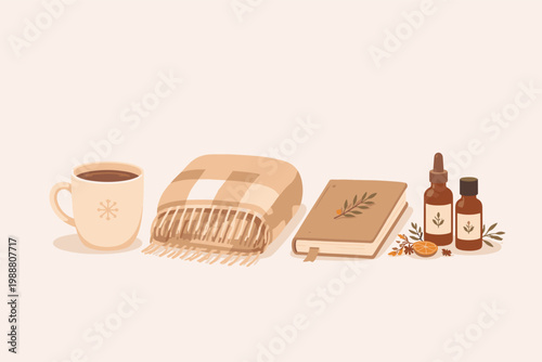 Cozy winter wellness set with steaming hot drink mug, folded plaid blanket, hardcover book, and aromatherapy essential oil bottles. Minimalist vector illustration for self-care and hygge comfort.