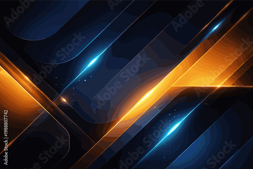 Abstract futuristic background with glowing gold and blue geometric shapes. Modern premium wallpaper design for business and technology presentations. Sleek dark vector with light effects.