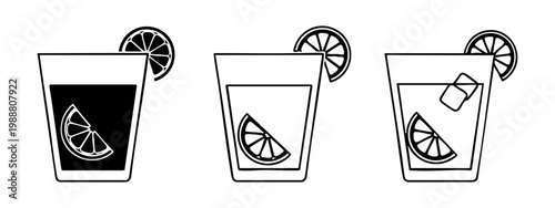 Refreshing cocktail glass icons set with ice and lemon slices in different styles