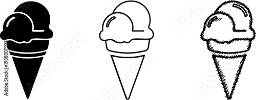Ice Cream Cone Icons Set with Solid, Outline, and Hand-Drawn Sketch Styles
