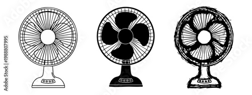 Modern Table Fan Icons Set including Line, Solid, and Hand-Drawn Scribble Styles