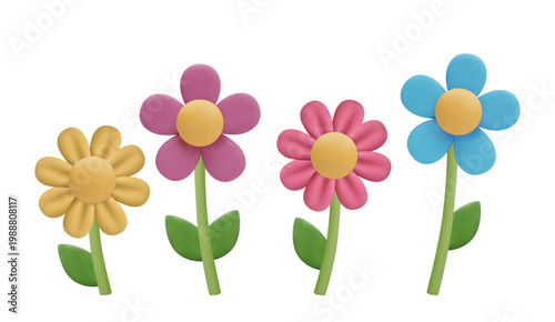 Collection of colorful 3D flower icons isolated on a white background. Set of minimalist realistic floral renders.