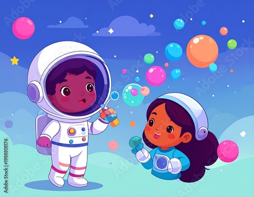 Two cartoon children, an astronaut and another with a headset, blowing colorful bubbles in a dreamy space scene. Stars, clouds abound
