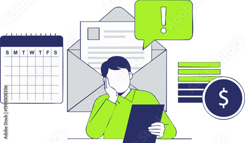 Stressed professional man analyzing urgent financial documents and email correspondence in a modern vector graphic illustration.