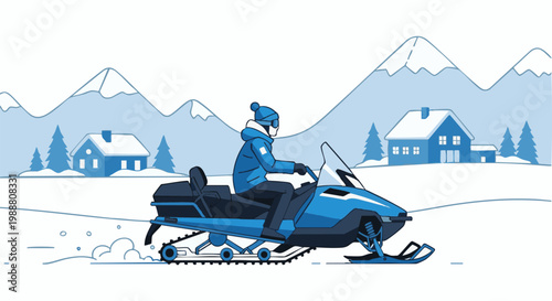 Person wearing winter gear riding a blue snowmobile through a snowy landscape vector graphic design illustration.