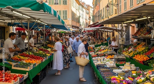 Bustling open-air market street lined with colorful produce stalls and shoppers