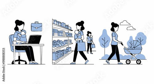 Mother balancing daily routine of work and childcare in a flat vector-style graphic illustration design.