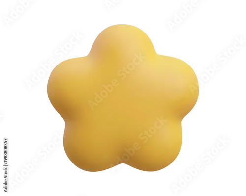 Minimalist 3D yellow five-point star with rounded corners, isolated on a white background. Realistic glossy golden star.