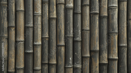 Close up of a textured bamboo fence with dark gray and brown aged poles stacked vertically, forming an abstract nature design for backgrounds and textures.