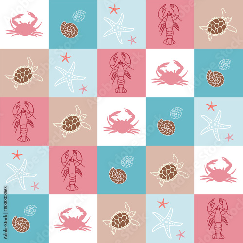 Seamless vector summer pattern with crab, lobster, turtle, starfish and shells in pastel squares. Marine repeat design for textile, packaging and decor.