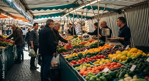 Bustling outdoor market stalls overflow with vibrant fresh produce and shoppers browse