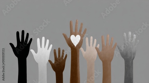 Diverse hands raised with heart symbol on gray background illustration