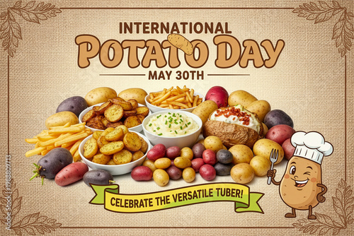 International Potato Day - 30 May - Poster with Potato Dishes and Chef Character